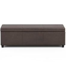 Load image into Gallery viewer, 54" Brown and Dark Brown Faux Leather and Solid Wood Upholstered Distressed Storage Bench With Flip Top
