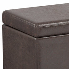 Load image into Gallery viewer, 54" Brown and Dark Brown Faux Leather and Solid Wood Upholstered Distressed Storage Bench With Flip Top
