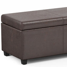 Load image into Gallery viewer, 54" Brown and Dark Brown Faux Leather and Solid Wood Upholstered Distressed Storage Bench With Flip Top
