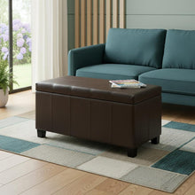 Load image into Gallery viewer, 36" Chocolate and Dark Brown Faux Leather and Solid Wood Upholstered Storage Bench With Flip Top

