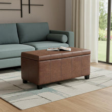 Load image into Gallery viewer, 36" Umber and Dark Brown Faux Leather and Solid Wood Upholstered Distressed Storage Bench With Flip Top
