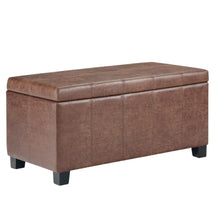 Load image into Gallery viewer, 36" Umber and Dark Brown Faux Leather and Solid Wood Upholstered Distressed Storage Bench With Flip Top
