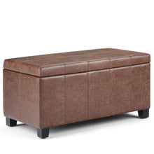 Load image into Gallery viewer, 36" Umber and Dark Brown Faux Leather and Solid Wood Upholstered Distressed Storage Bench With Flip Top
