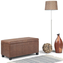 Load image into Gallery viewer, 36" Umber and Dark Brown Faux Leather and Solid Wood Upholstered Distressed Storage Bench With Flip Top
