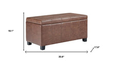 Load image into Gallery viewer, 36" Umber and Dark Brown Faux Leather and Solid Wood Upholstered Distressed Storage Bench With Flip Top

