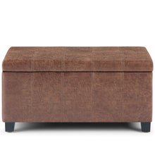 Load image into Gallery viewer, 36" Umber and Dark Brown Faux Leather and Solid Wood Upholstered Distressed Storage Bench With Flip Top
