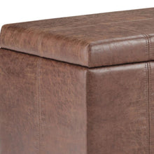 Load image into Gallery viewer, 36" Umber and Dark Brown Faux Leather and Solid Wood Upholstered Distressed Storage Bench With Flip Top
