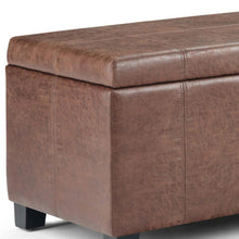 Load image into Gallery viewer, 36" Umber and Dark Brown Faux Leather and Solid Wood Upholstered Distressed Storage Bench With Flip Top
