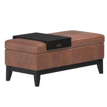 Load image into Gallery viewer, 42" Brown and Dark Brown Tufted Faux Leather and Solid Wood Upholstered Distressed Storage Bench With Flip Top
