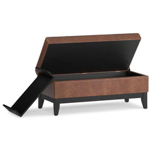 Load image into Gallery viewer, 42" Brown and Dark Brown Tufted Faux Leather and Solid Wood Upholstered Distressed Storage Bench With Flip Top
