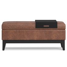 Load image into Gallery viewer, 42" Brown and Dark Brown Tufted Faux Leather and Solid Wood Upholstered Distressed Storage Bench With Flip Top
