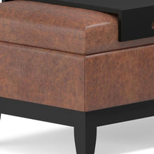 Load image into Gallery viewer, 42" Brown and Dark Brown Tufted Faux Leather and Solid Wood Upholstered Distressed Storage Bench With Flip Top
