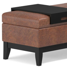 Load image into Gallery viewer, 42" Brown and Dark Brown Tufted Faux Leather and Solid Wood Upholstered Distressed Storage Bench With Flip Top
