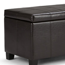 Load image into Gallery viewer, 36" Brown and Dark Brown Faux Leather and Solid Wood Upholstered Storage Bench With Flip Top

