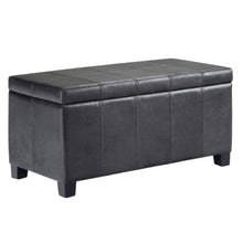 Load image into Gallery viewer, 36" Black and Dark Brown Faux Leather and Solid Wood Upholstered Distressed Storage Bench With Flip Top
