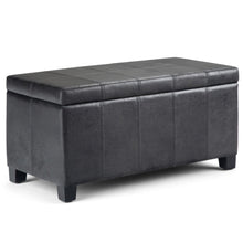 Load image into Gallery viewer, 36" Black and Dark Brown Faux Leather and Solid Wood Upholstered Distressed Storage Bench With Flip Top
