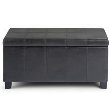 Load image into Gallery viewer, 36" Black and Dark Brown Faux Leather and Solid Wood Upholstered Distressed Storage Bench With Flip Top
