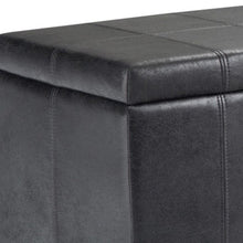 Load image into Gallery viewer, 36" Black and Dark Brown Faux Leather and Solid Wood Upholstered Distressed Storage Bench With Flip Top

