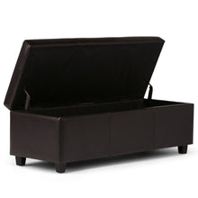 Load image into Gallery viewer, 48" Brown and Dark Brown Faux Leather and Solid Wood Upholstered Storage Bench With Flip Top
