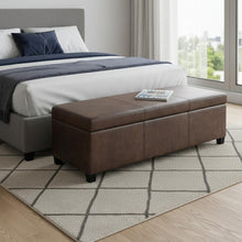 Load image into Gallery viewer, 48" Brown and Dark Brown Faux Leather and Solid Wood Upholstered Distressed Storage Bench With Flip Top
