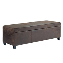 Load image into Gallery viewer, 48" Brown and Dark Brown Faux Leather and Solid Wood Upholstered Distressed Storage Bench With Flip Top
