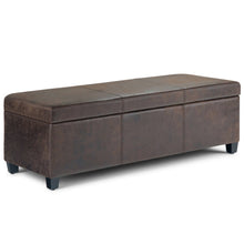 Load image into Gallery viewer, 48" Brown and Dark Brown Faux Leather and Solid Wood Upholstered Distressed Storage Bench With Flip Top
