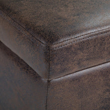 Load image into Gallery viewer, 48" Brown and Dark Brown Faux Leather and Solid Wood Upholstered Distressed Storage Bench With Flip Top
