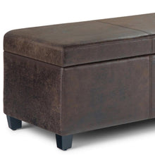 Load image into Gallery viewer, 48" Brown and Dark Brown Faux Leather and Solid Wood Upholstered Distressed Storage Bench With Flip Top
