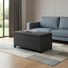 Load image into Gallery viewer, 36" Slate Gray and Dark Brown Linen and Solid Wood Upholstered Storage Bench With Flip Top
