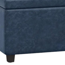 Load image into Gallery viewer, 48" Denim Blue and Dark Brown Faux Leather and Solid Wood Upholstered Storage Bench With Flip Top
