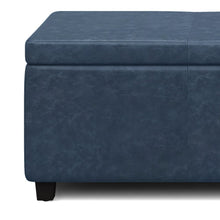 Load image into Gallery viewer, 48" Denim Blue and Dark Brown Faux Leather and Solid Wood Upholstered Storage Bench With Flip Top
