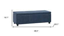 Load image into Gallery viewer, 48" Denim Blue and Dark Brown Faux Leather and Solid Wood Upholstered Storage Bench With Flip Top
