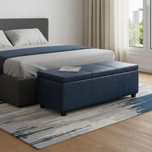 Load image into Gallery viewer, 48" Denim Blue and Dark Brown Faux Leather and Solid Wood Upholstered Storage Bench With Flip Top
