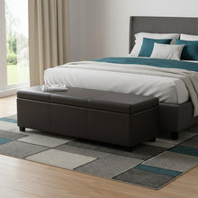 Load image into Gallery viewer, 54" Brown and Dark Brown Faux Leather and Solid Wood Upholstered Storage Bench With Flip Top
