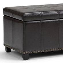 Load image into Gallery viewer, 33" Brown and Espresso Faux Leather and Solid Wood Upholstered Storage Bench With Flip Top
