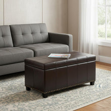 Load image into Gallery viewer, 33" Brown and Espresso Faux Leather and Solid Wood Upholstered Storage Bench With Flip Top
