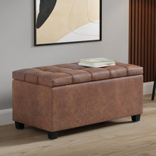 Load image into Gallery viewer, 33" Brown and Espresso Tufted Faux Leather and Solid Wood Upholstered Storage Bench With Flip Top
