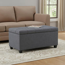 Load image into Gallery viewer, 33" Slate Gray and Espresso Tufted Linen and Solid Wood Upholstered Storage Bench With Flip Top
