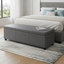 Load image into Gallery viewer, 54" Stone and Dark Brown Faux Leather and Solid Wood Upholstered Storage Bench With Flip Top
