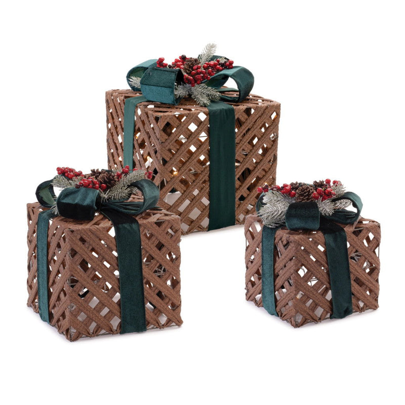 Plastic Decorative Keepsake Box With LED (Set of 3) - Brown / Green
