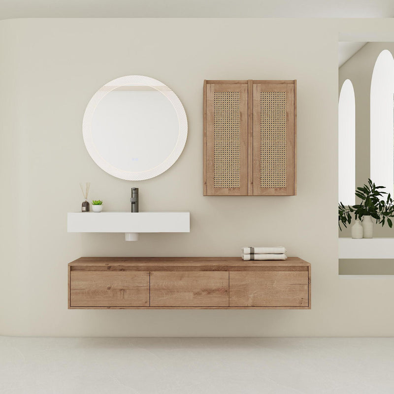 Modern Wall Mounted Bathroom Vanity With Resin Sink And 2 Side Cabinet, Construction - Imitative Oak