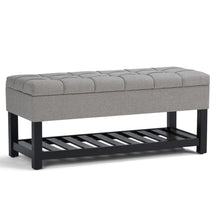 Load image into Gallery viewer, 43" Gray and Espresso Tufted Linen Blend and Solid Wood Upholstered Storage Bench With Flip Top And Shelves
