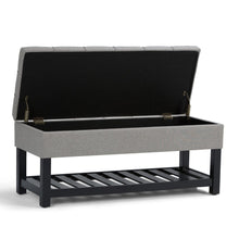 Load image into Gallery viewer, 43" Gray and Espresso Tufted Linen Blend and Solid Wood Upholstered Storage Bench With Flip Top And Shelves
