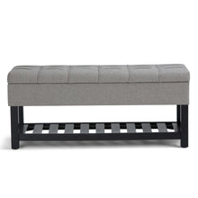 Load image into Gallery viewer, 43" Gray and Espresso Tufted Linen Blend and Solid Wood Upholstered Storage Bench With Flip Top And Shelves
