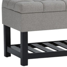 Load image into Gallery viewer, 43" Gray and Espresso Tufted Linen Blend and Solid Wood Upholstered Storage Bench With Flip Top And Shelves
