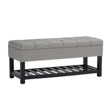 Load image into Gallery viewer, 43" Gray and Espresso Tufted Linen Blend and Solid Wood Upholstered Storage Bench With Flip Top And Shelves
