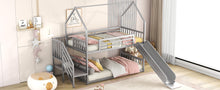 Load image into Gallery viewer, Twin over Twin Metal Bunk Bed House Bed with Slide and Staircase, Silver
