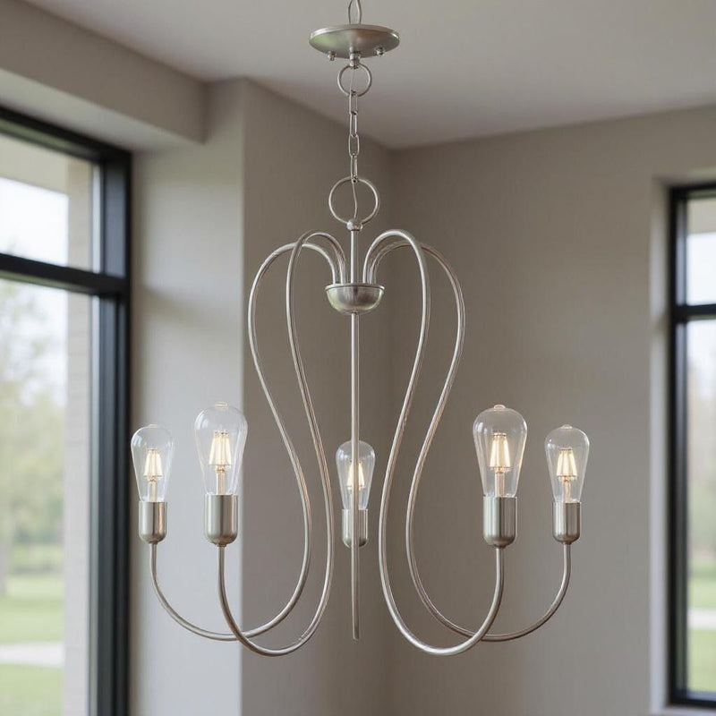 25" Five Light Dimmable Chandelier With Shades - Nickel