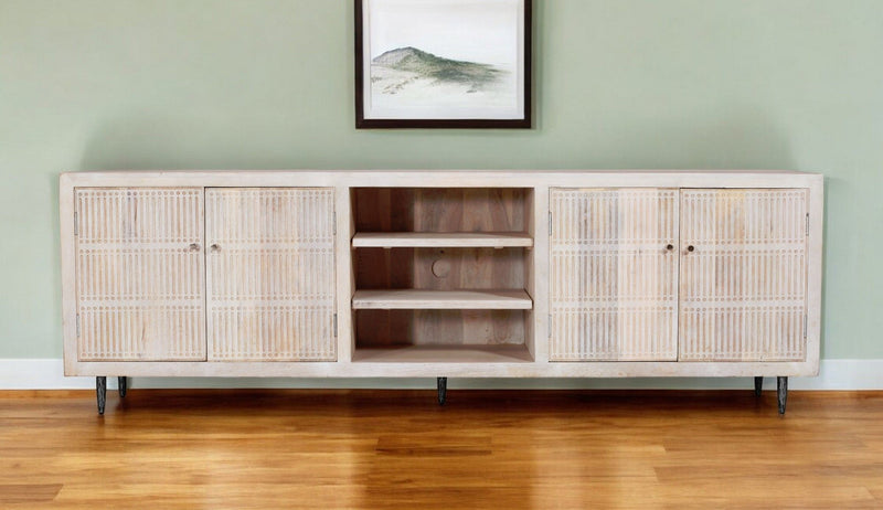 92" Carved Geometric Distressed Solid Wood Enclosed And Open Storage TV Stand - Ivory
