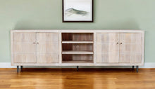 Load image into Gallery viewer, 92" Carved Geometric Distressed Solid Wood Enclosed And Open Storage TV Stand - Ivory
